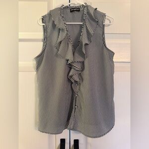 Karl Lagerfeld Deep Navy and White Stripe Tunic with Ruffle Front Detail